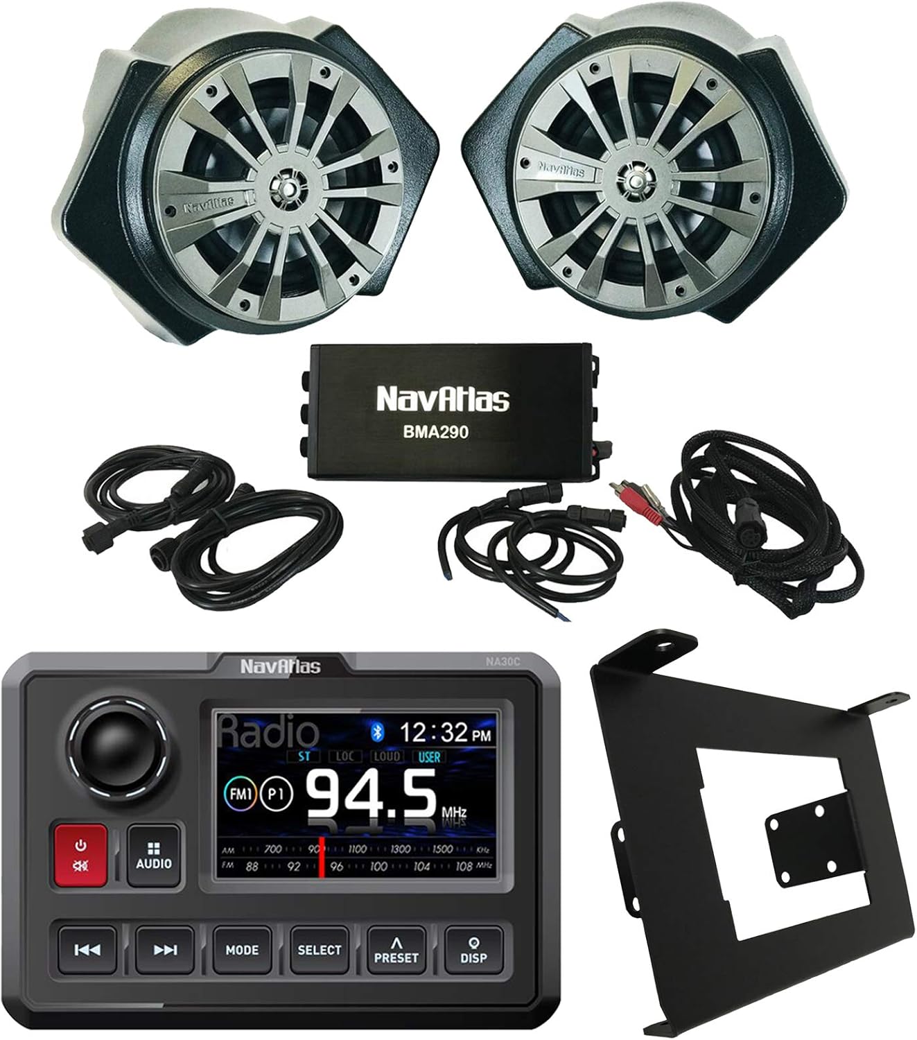 NavAtlas Digital Media AM/FM Radio Bluetooth USB Waterproof Powersports Receiver Bundle Combo with 6.5