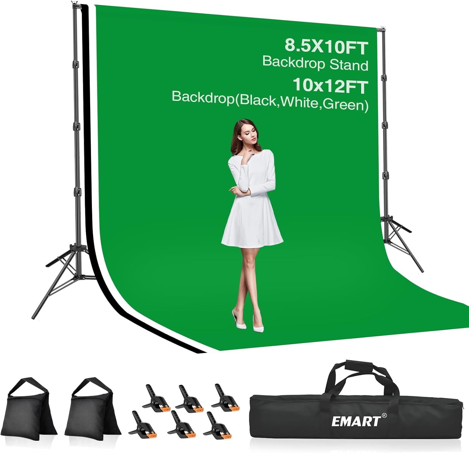 EMART 8.5x10ft Green Screen Backdrop Kit with Sand Bag, Photography Background Support System with 10x12ft Polyester Backdrop(Black/White/Green) for Photography, Parties, Wedding, Video Shooting