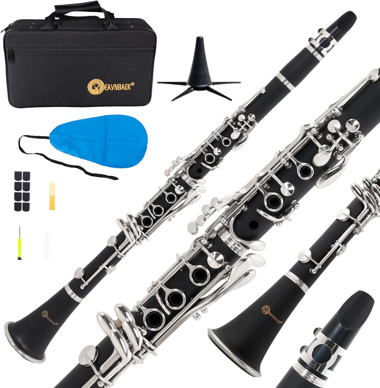 Bb Clarinet for Beginners, Bb Nickel-plated 17 Keys Clarinet for Students, Professionals and School Bands, with Hard Foam Case Barrels*2 Pads*8 Stand Cleaning Kit and White Gloves (Black)
