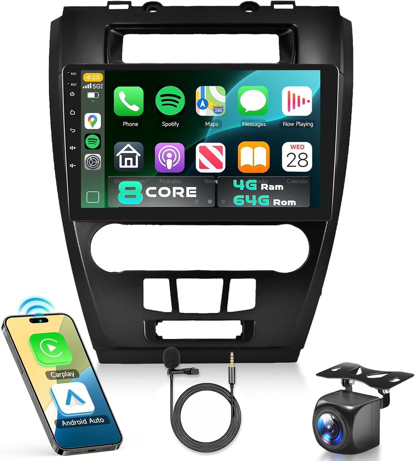 for Ford Fusion Mustang 2009-2012 Car Stereo Radio with Snapdragon 8 Core 4GB+64GB 10.1 Inch IPS Touchscreen Wireless Carplay/Android Auto DSP Hi-Res 5/6GhzWiFi GPS Android 13 Camera, Matte Black