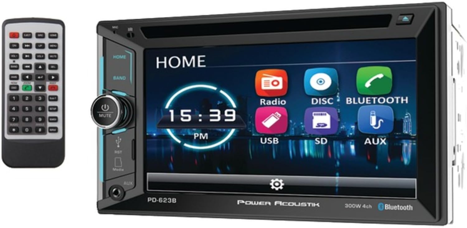 Power ACOUSTIK PD-623B 2-DIN DVD, CD/MP3, AM/FM Receiver 2/6.2' LCD & Bluetooth 4.0, Black