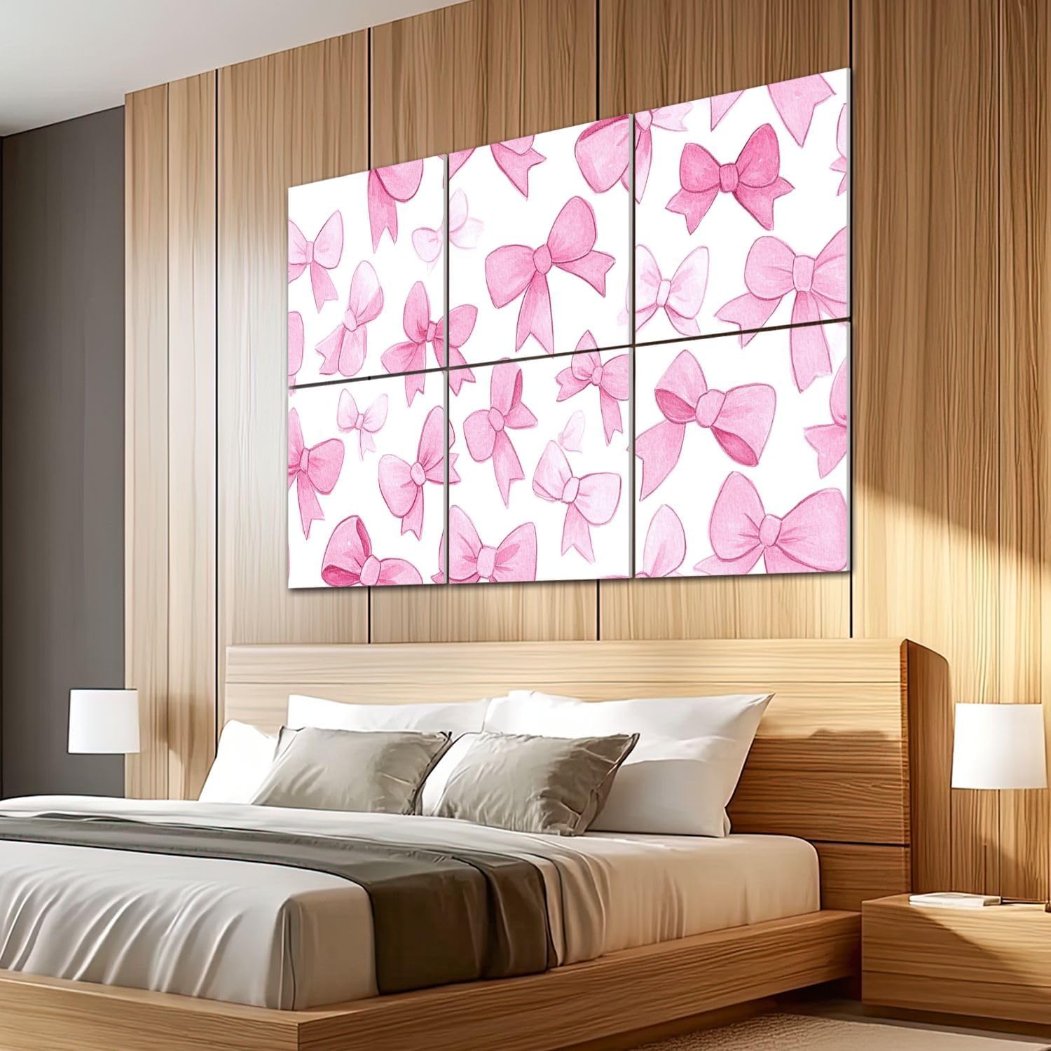 6 Pack Art Acoustic Panels Sound Absorbing Trendy Pink Bow Light Knot Bows Patterns Varying Sizes Cute Playful Decorative Soundproof Wall Panels Self Adhesive for Recording Studios Office 72