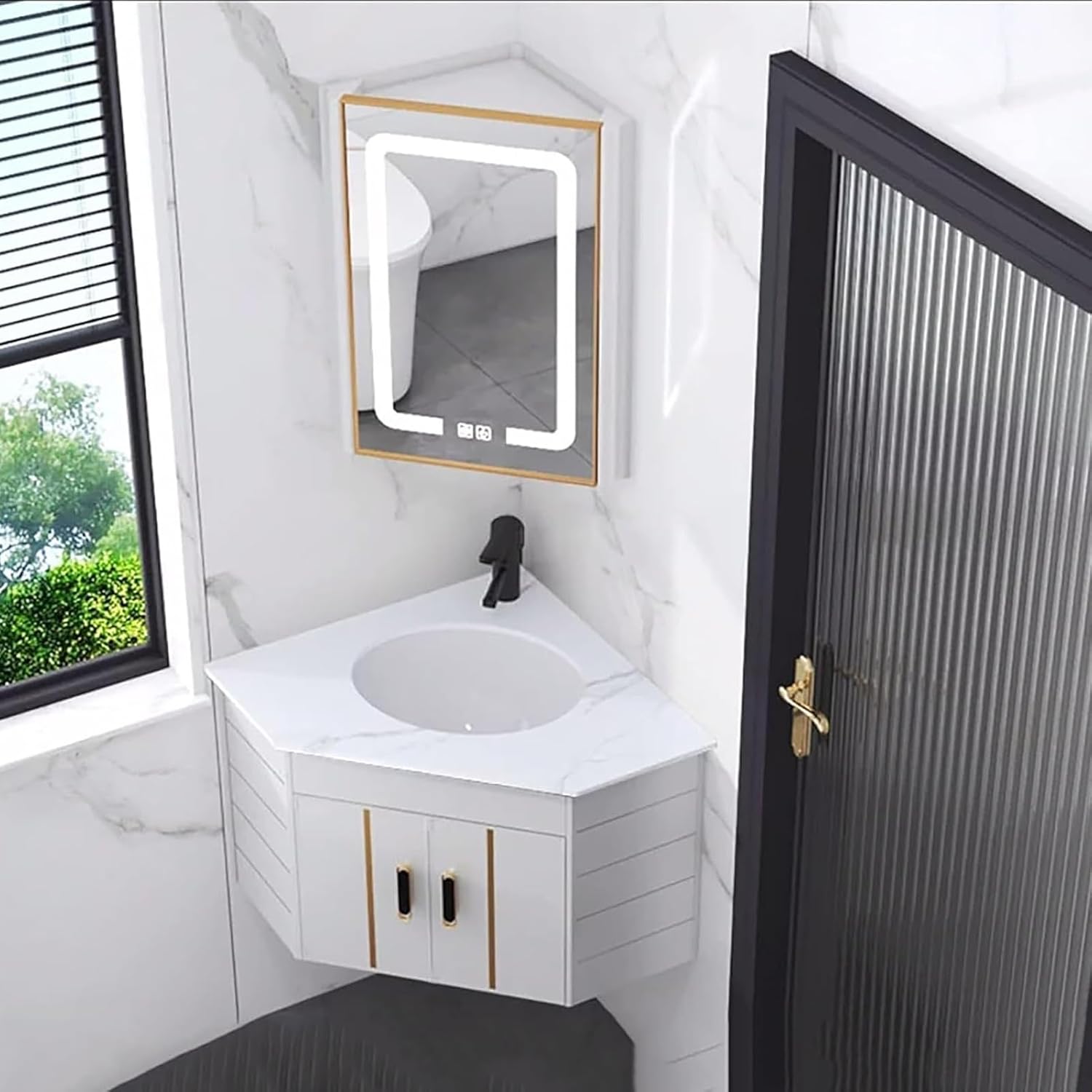 Corner Bathroom Sink, Wall Mount Ceramic Vanity with Mirror Cabinet, Corner Bathroom Vanity, Floating Wash Basin with Storage Container, Corner Vanity Sink(White)