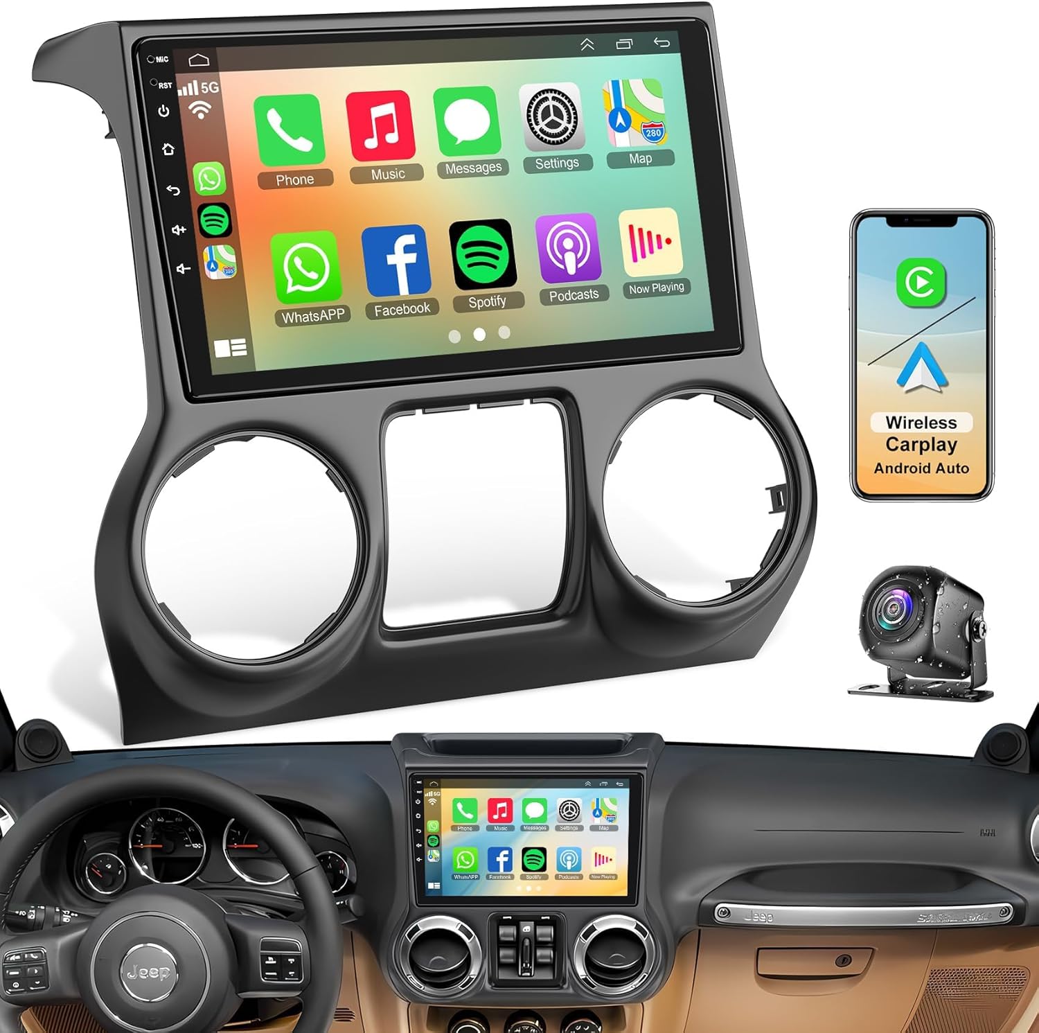 Android 13 Car Stereo for Jeep Wrangler 2011 2012 2013 2014 with Carplay and Android Auto,10.2 inch Touch Screen,Bluetooth,WiFi,GPS,FM Radio,Backup Camera,4GB+64GB