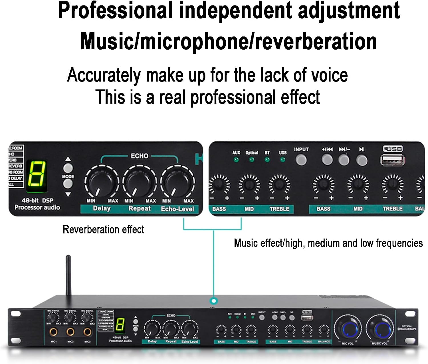 Audio Equalizer, Stereo Graphic Equalizer, Analog Reverberation Effect Combination, Digital Audio Optical Fiber Interface, Applicable to Various Audio, for Stage Amplifier