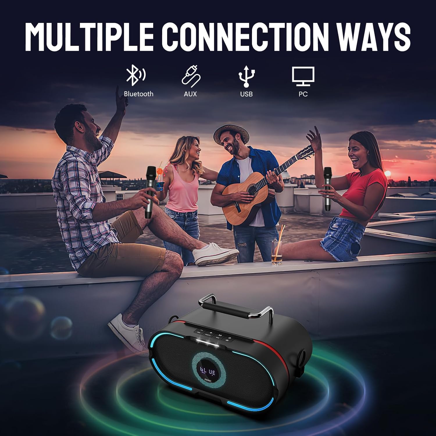 RHM K666PLUS Karaoke Machine with Powerful Sound, Deep Bass & Led Light, 2 Wireless Microphones, 7 Hours Playtime, Support Bluetooth/AUX/USB/PC for Outdoor Party