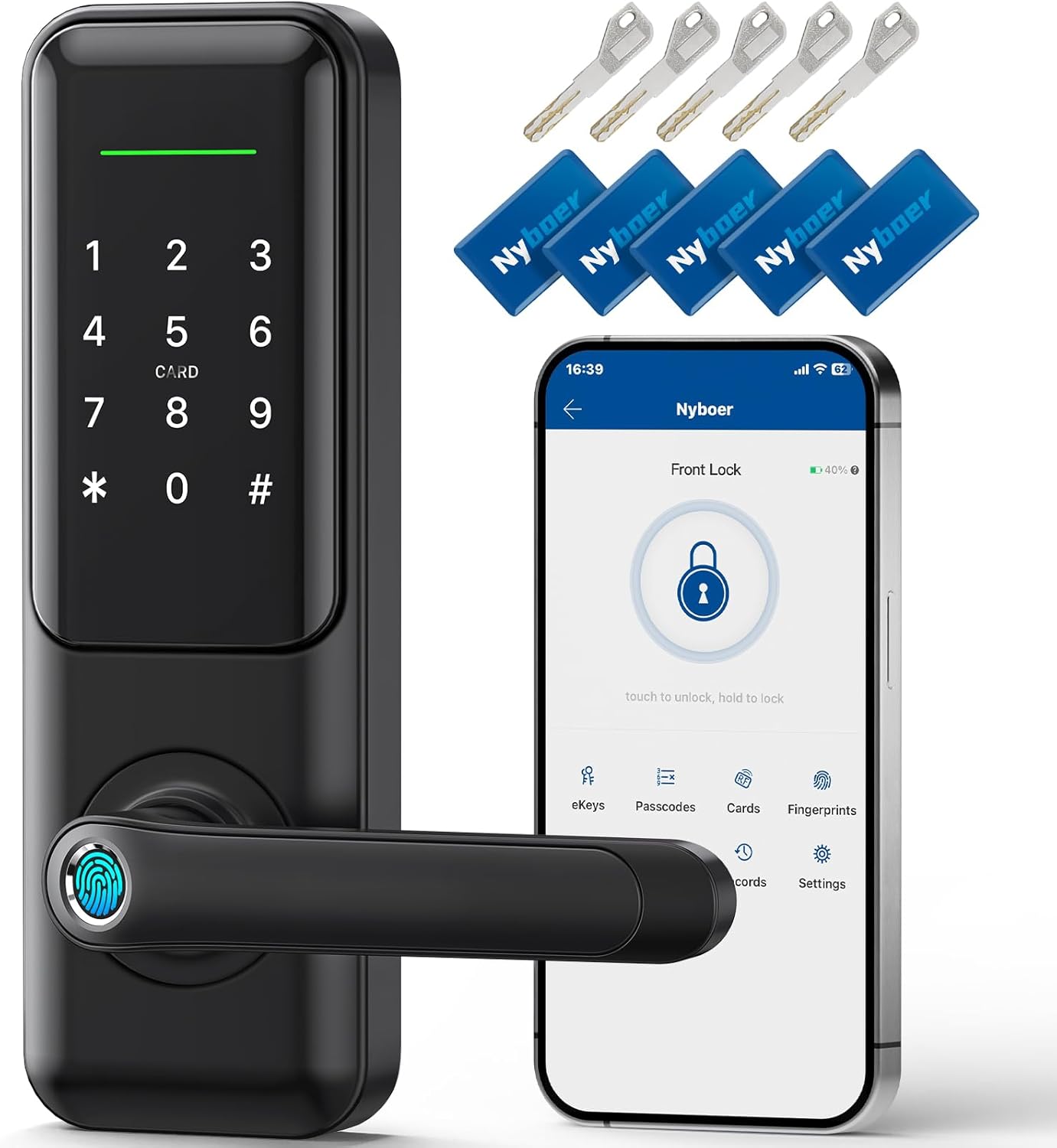 Fingerprint Smart Door Lock with Handle: Keyless Entry Keypad Lock for Front Door, Nyboer Electronic Digital Lock, Lockset Replacement for Exterior Doors