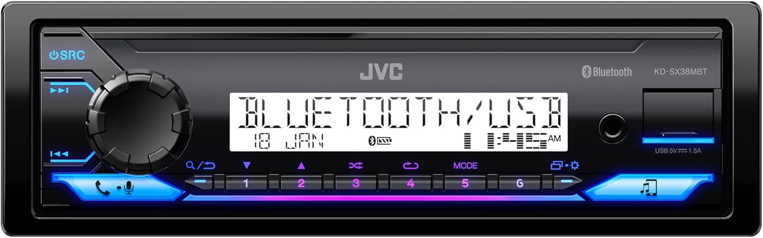 JVC KD-SX38MBT Car Stereo with Bluetooth, 4-Ch Marine Radio Receiver, AM/FM Single Din Radio, Aux-in, USB, Streaming, RGB Illumination, Use as in-Dash ATV, Truck Radio or Boat Stereo (Renewed)