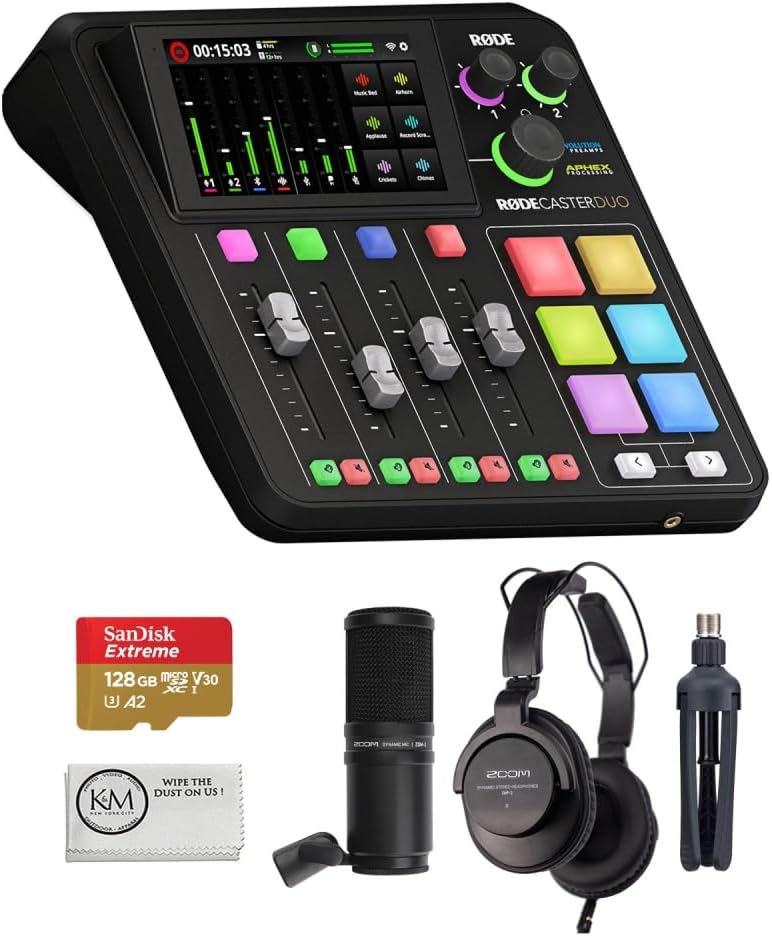 RODECaster Duo Integrated Audio Production Studio Bundled with Podcast Mic Pack + 128GB Micro-SD Card + Cleaning Cloth (4 Items)