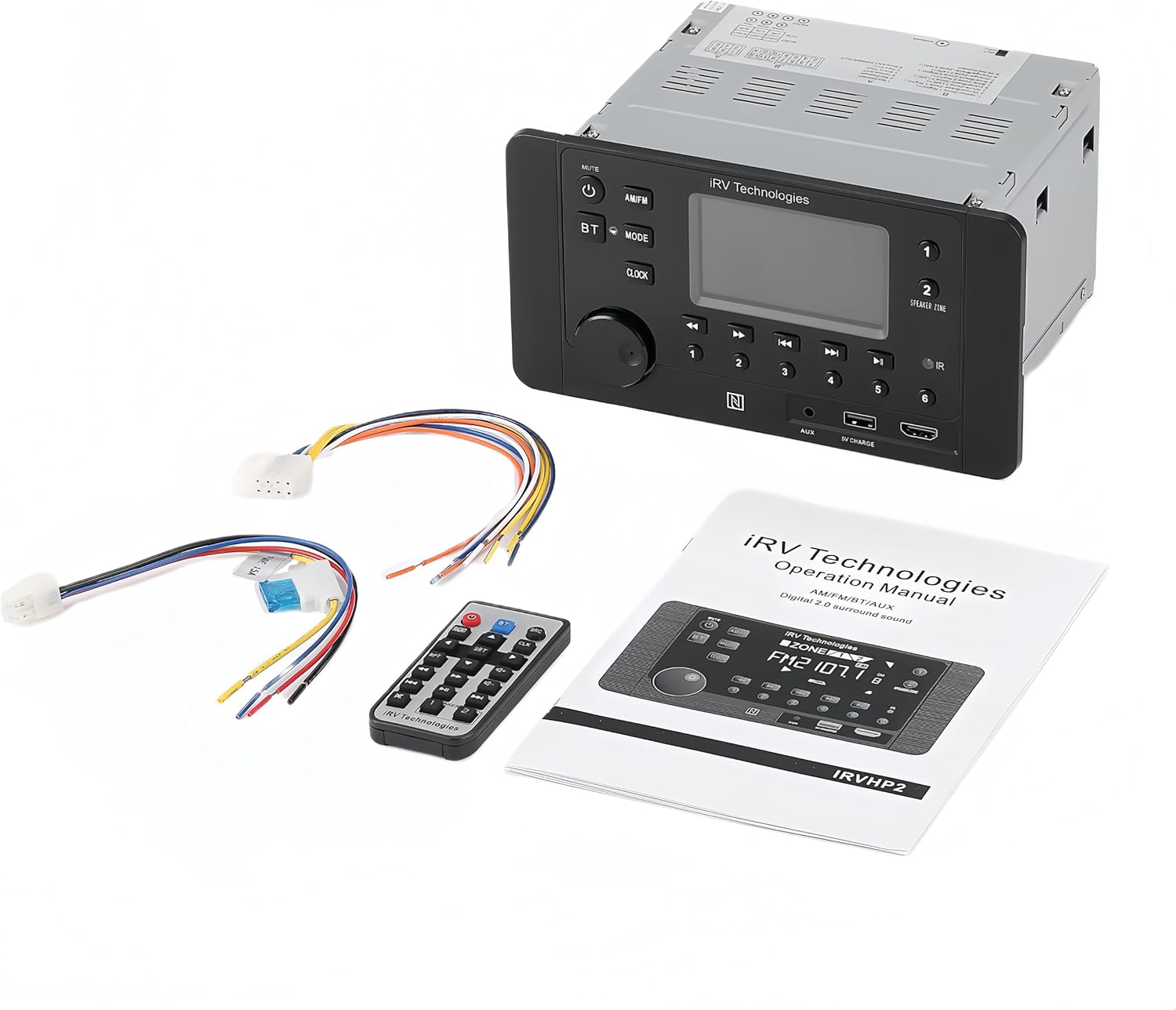 Mechless 2 Zones Wallmount RV Stereo with Bluetooth HDMI ARC, App Control, AM/FM/App, NFC, USB Charging, Digital Surround Sound, Clock, CEC Support (2 Zones + 4 Speakers)