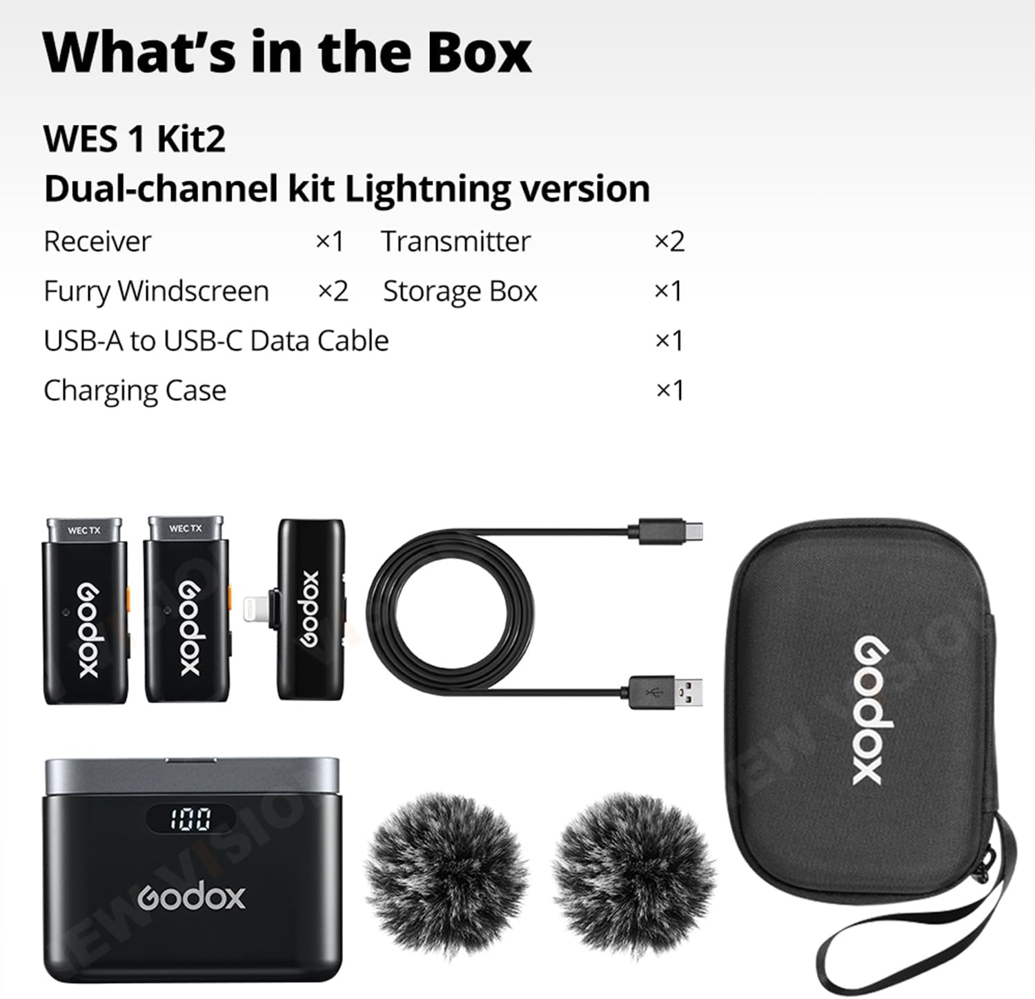 GODOX WES1 KIT2 Wireless Lavalier Microphone for iPhone, MFi Certified, Plug and Play Noise Cancelling Lapel Mic with 656ft Transmission, Charging Case, Compatible with iPhone,ipad (WES1 KIT2)