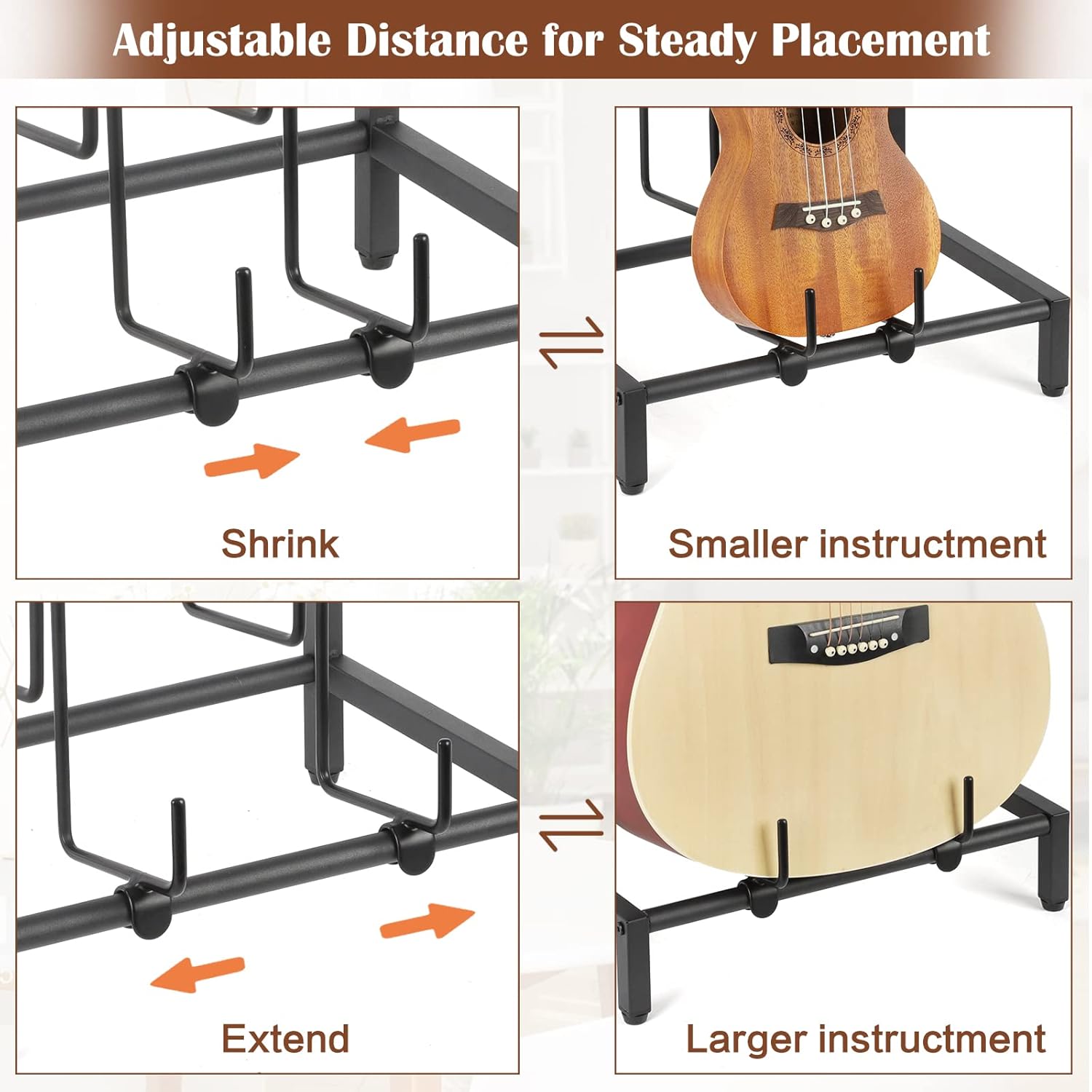 Bikoney Guitar Stand for 4 Guitars - Acoustic, Electric, Bass & Ukulele Floor Rack with 2 Wood Shelves for Amp Holder, Vinyl Records & Media Storage - Adjustable Multi Guitar Display Stand for Music Studio Home (Patent)