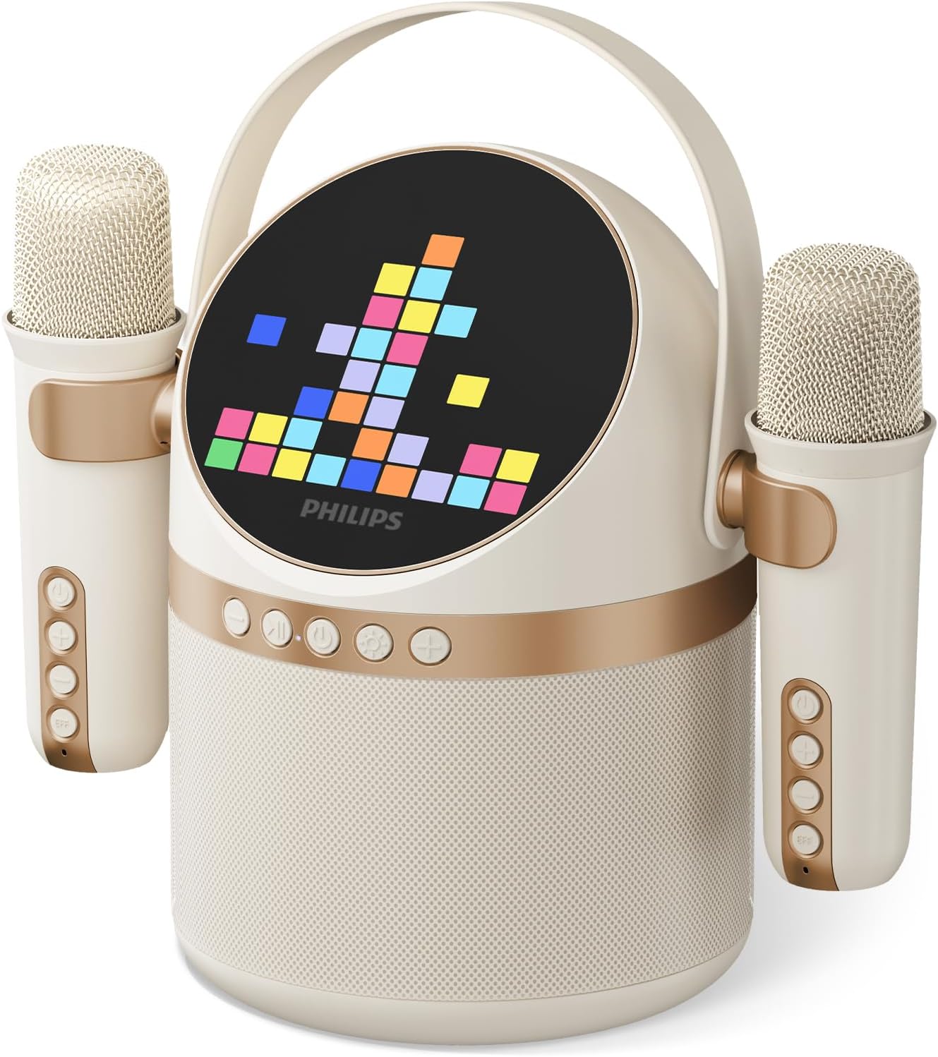 PHILIPS S2508 Portable Karaoke Machine,Party Bluetooth Speaker with 2 Karaoke Microphones,7 H Battery,Multi-Colored Light Modes with Display Screen,6 Vocal Effects,USB,AUX or TF Card Input,Mini,White
