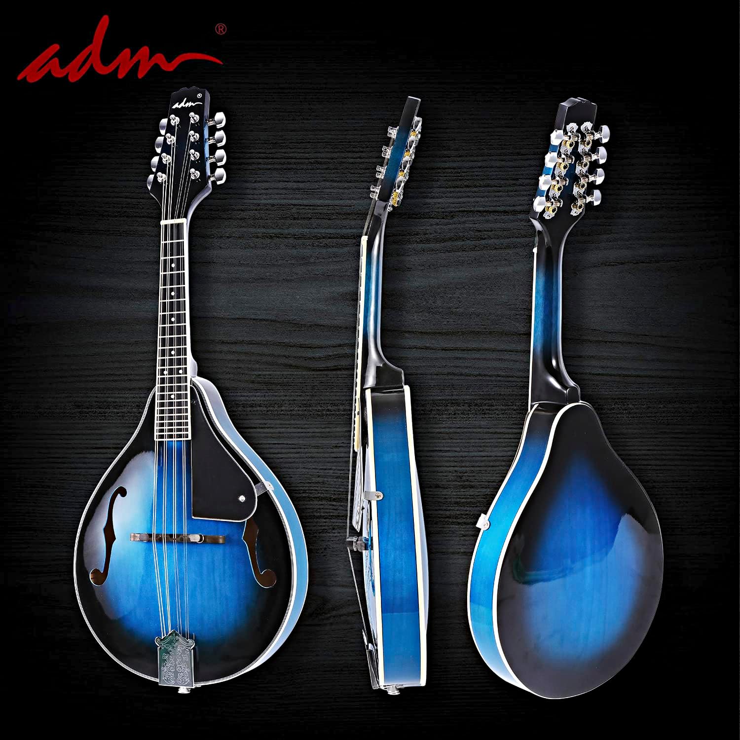ADM Acoustic Mandolin Instrument Kit Music A Style for Kids Students Adults Wood Mandolins Beginner Set With Bag, Tuner, Pick-up, Strap, Strings, Picks and Hanger, Blue