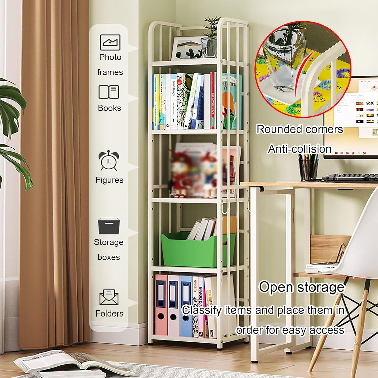 Vertical Bookshelf Tower, Modern Open Metal Bookcase, Corner Standing Shelf, Multipurpose Display Storage Rack, Adjustable Foot Pads, for Living Room, Home, Office(116cm/45.7in)