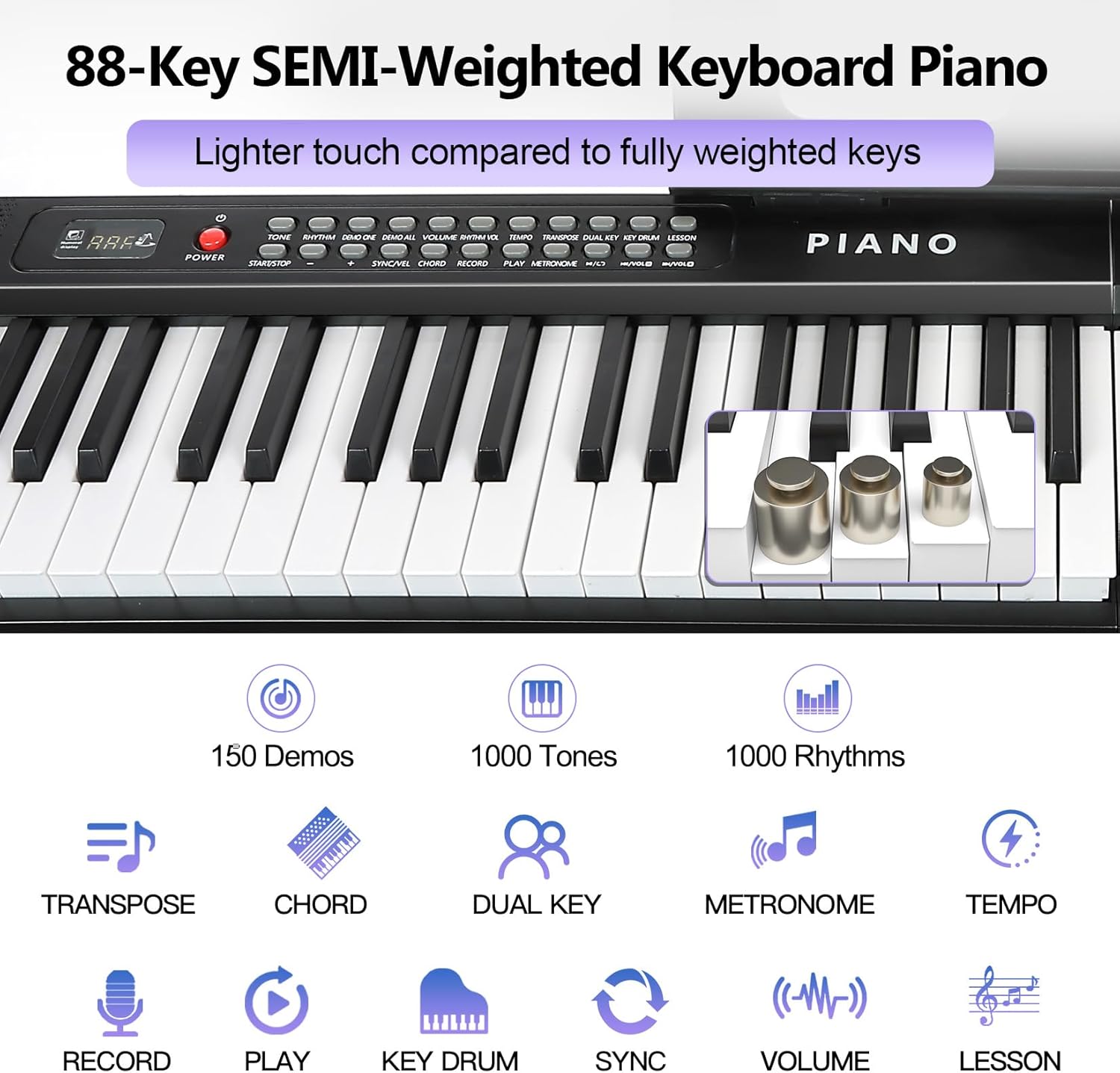 88 Key SEMI-Weighted Keyboard Piano For Beginners w/MIDI, Bluetooth, 1000 Tones/Rhythms, 150 Demos, Sustain Pedal, Metronome, Sync, Chord, Dual Key, Key Drum, Teaching Mode, Corded Electric