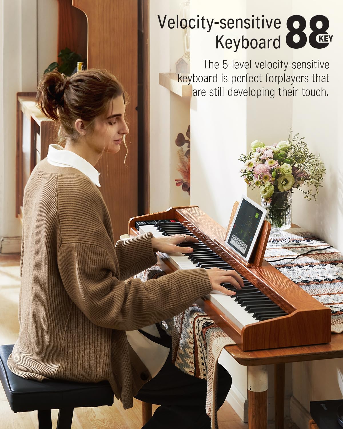 Donner DEP-1S Piano Keyboard 88 Keys, Beginner Digital Piano with 88 Key Velocity-Sensitive Keyboard, Record, Bluetooth, Chord, Bundle With Piano Stand, Piano Stickers, Sustain Pedal, Retro Wood Color