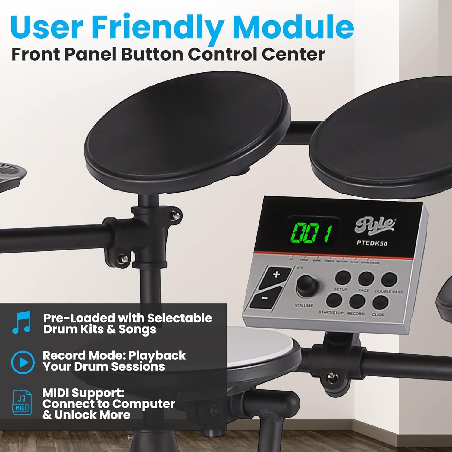 Pyle Electronic Drum Set-Portable Powerful Kit w Machine for Beginners Touch Sensitive Drum Pads, MIDI Computer Connection, Quick Setup Roll-Up Design (Mac & PC Compatible) (PTEDK50)