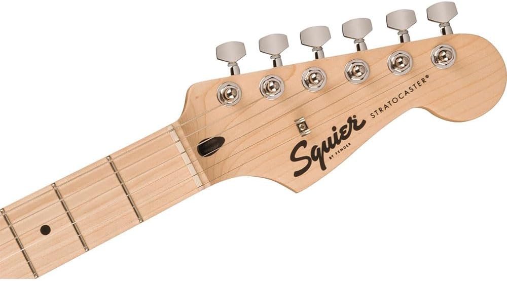 Squier Sonic Stratocaster Electric Guitar 2-Color Sunburst, Maple Fingerboard, White Pickguard Bundle with Fender Logo Guitar Strap Black, Fender 12-Pack Celluloid Picks, and Instrument Cable