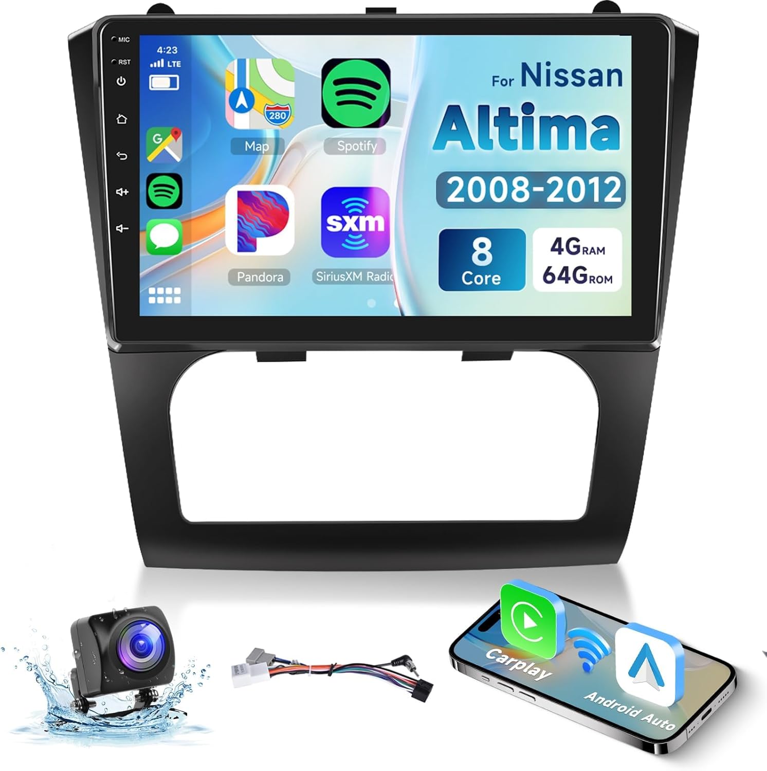 8 CORE 4G+64G Android 13 Car Stereo for Nissan Altima 2008-2012 with Wireless Carplay Android Auto, 9 Inch Touch Screen Car Radio GPS/WiFi/Bluetooth/32-Band DSP/USB/SWC+HD Backup Camera