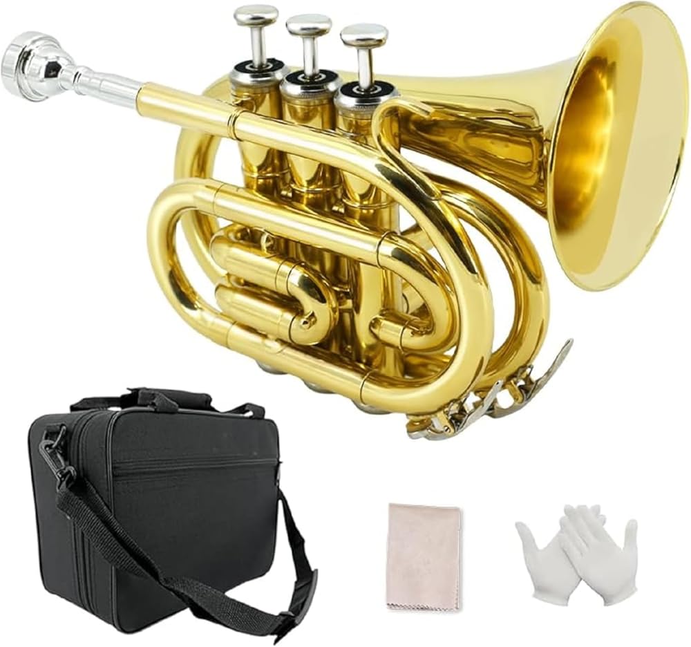 Pocket Trumpet Bb Flat Brass Trumpet for Beginner Student with 7C Mouthpiece Carrying Hard Case Cleaning Cloth Gloves