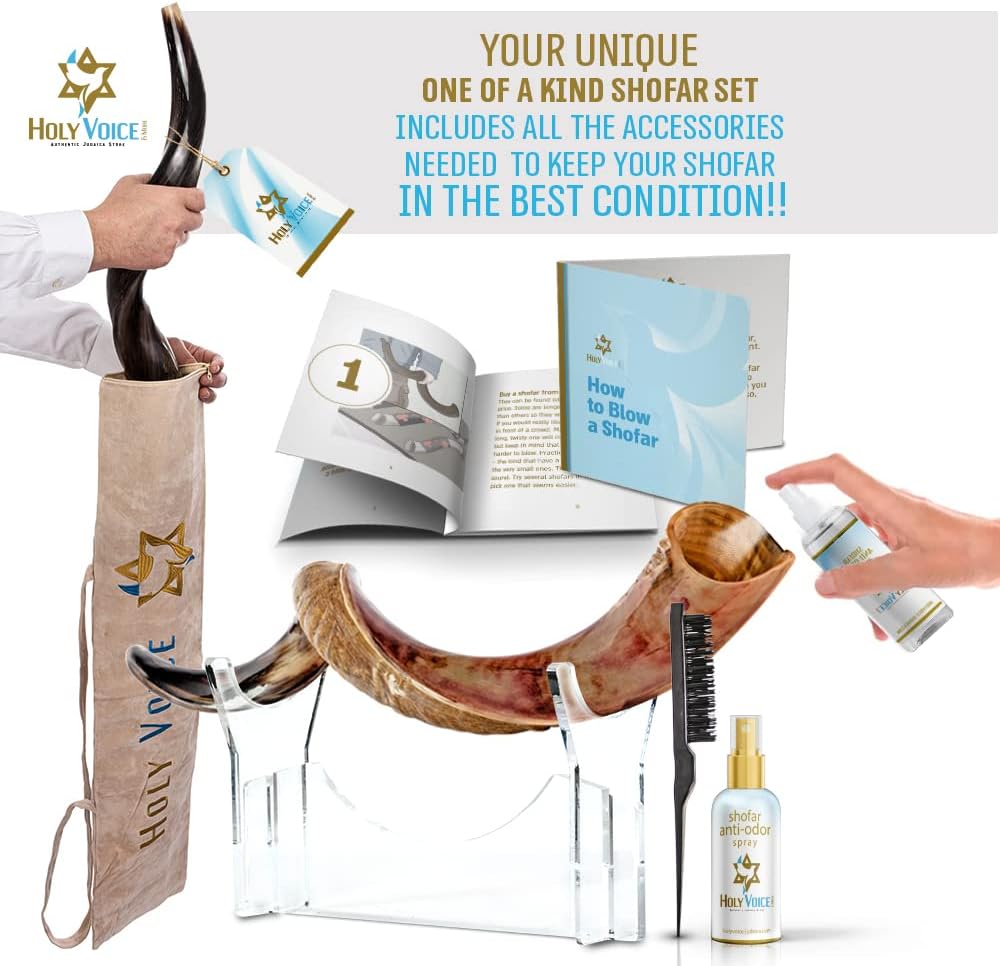 Holy Voice Kosher Kudu Shofar Horn from Israel – Traditional Half-Polished Yemenite Shofar Includes Carrying Bag, Brush and Blowing Guide - Easy Blowing Ancient Musical Instrument (36