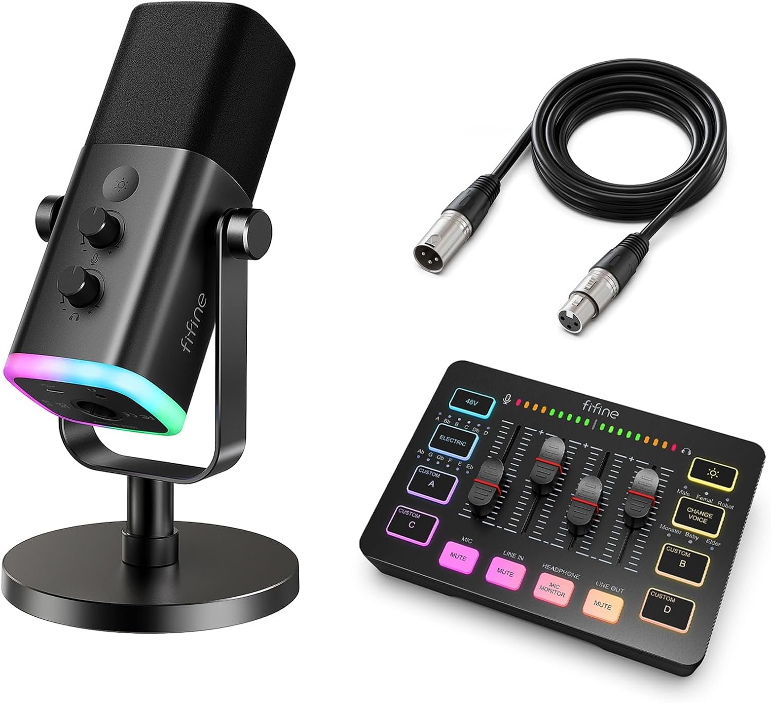 FIFINE Gaming Equipment Bundle with Audio Mixer, XLR/USB Microphone, XLR Cable Set for Streaming, Podcast, RGB PC Mixer with Individual Control, Volume Fader, Computer Dynamic Vocal Mic for Recording