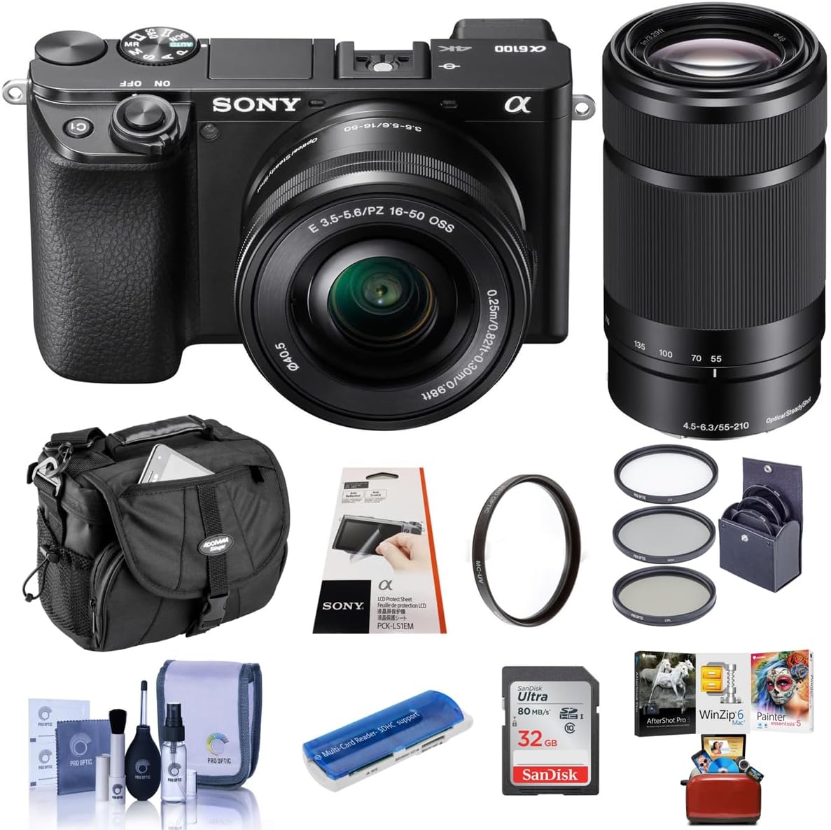 Sony Alpha a6100 Mirrorless Camera with 16-50mm + 55-210mm Lenses - Bundle with Camera Case, 32GB SDHC Card, 40.5mm Filter Kit, 49mm UV Filter, Card Reader, LCD Protector, Cleaning Kit, Mac Software