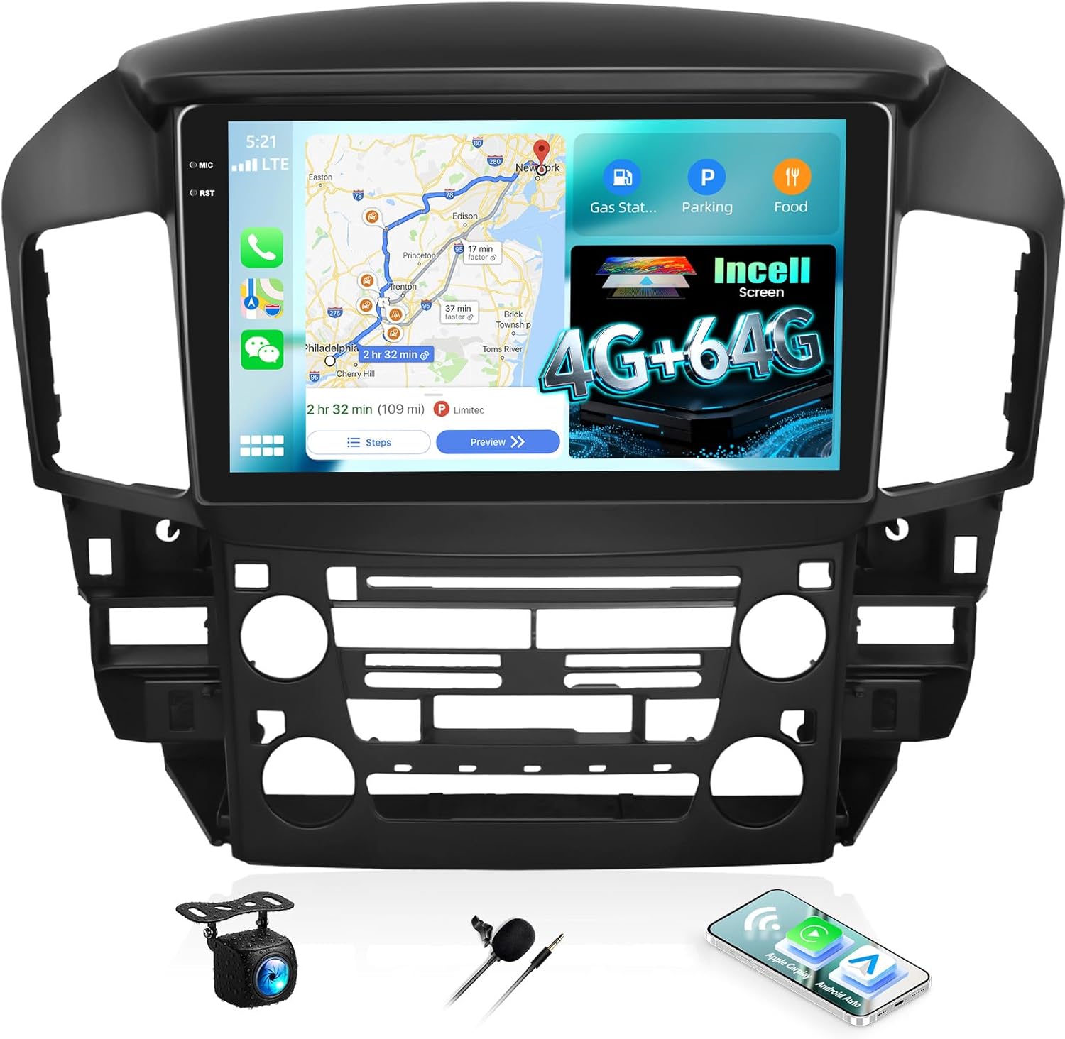 4G+64G Android Car Stereo for Lexus RX300 Toyota Harrier 1998 1999 2000 2001 2002 2003 Car Radio with Wireless Carplay Android Auto 9 Inch Touch Screen Head Unit Backup Camera WiFi GPS Bluetooth