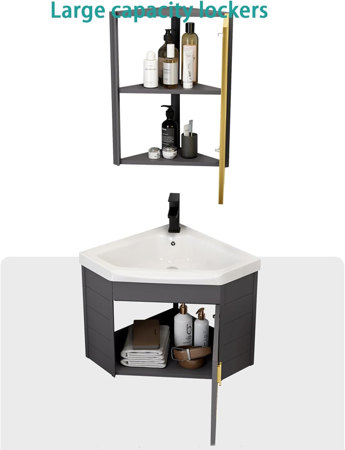 Corner Wall Mount Bathroom Sink, Corner Bathroom Vanity, Modern Bathroom Corner Cabinet, Ceramic Wash with Storage Container and Mirror Cabinet, for Small Space