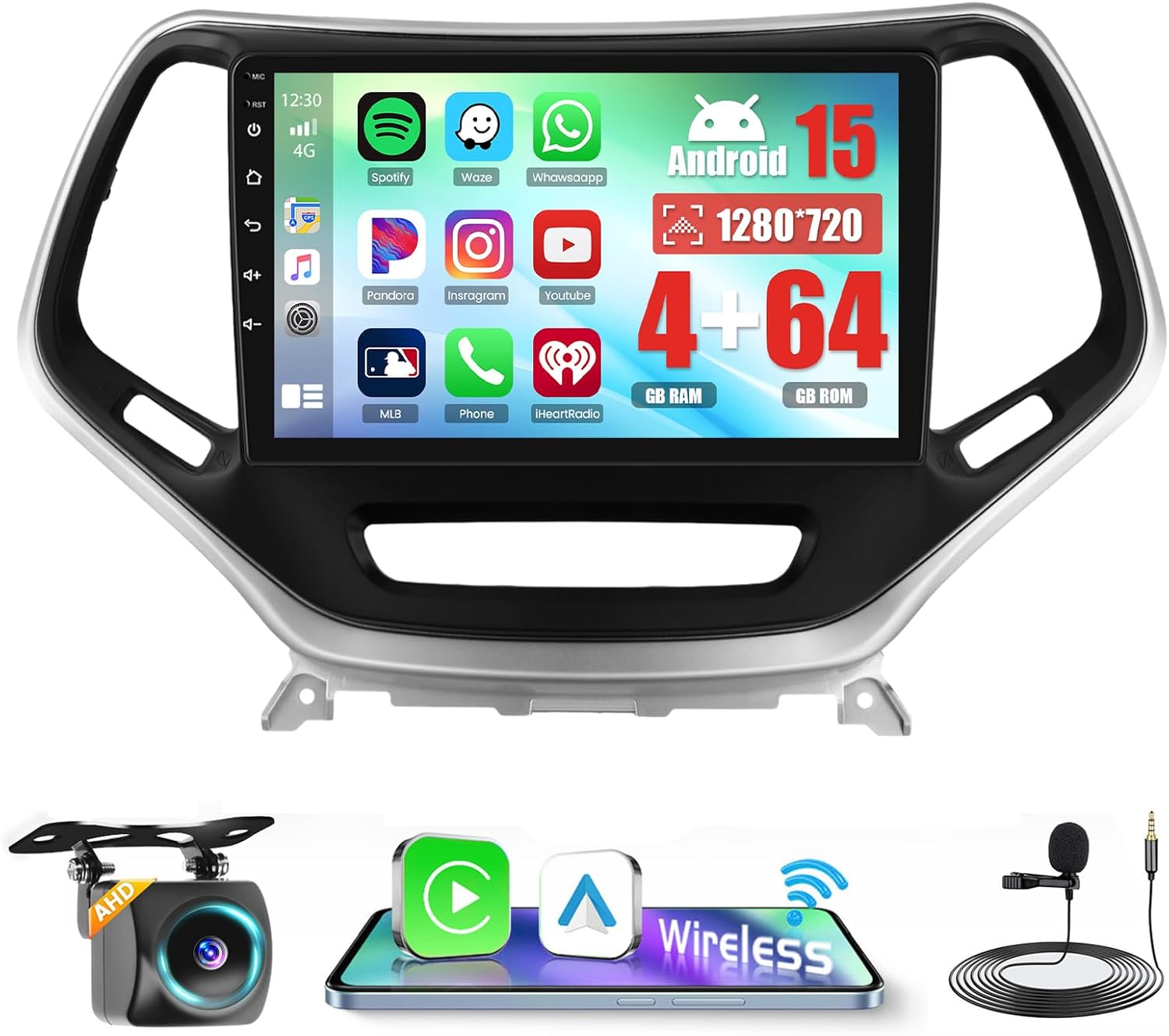 [4+64G] Android 15 Car Radio for Jeep Cherokee 2013-2018 Wireless CarPlay Android Auto, 10.1 Inch IPS Touch Screen Car Stereo with WiFi GPS Bluetooth 5.0 FM/RDS 32EQ AHD Backup Camera