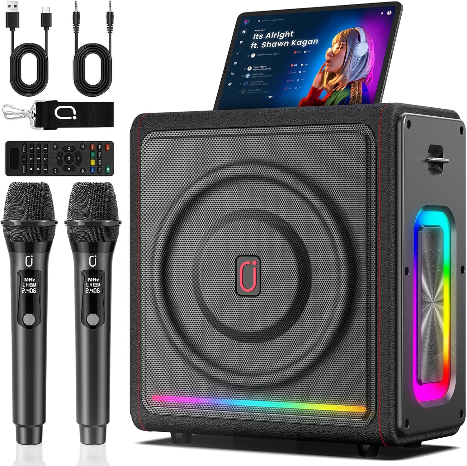 Karaoke Machine for Adults with 2 Wireless Microphones, Portable Bluetooth 5.3 Speaker with Bass/Treble/Echo Adjustment, PA System with Remote Control, Supports TV/TF Card/USB/AUX/TWS