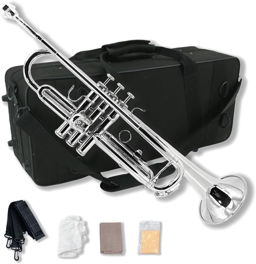 Bb Trumpet for Beginners - Student B-Flat Trumpet Set with 7C Mouthpiece, Hard Case, Gloves, Cleaning Cloth - Perfect Starter Brass Instrument (Silver)