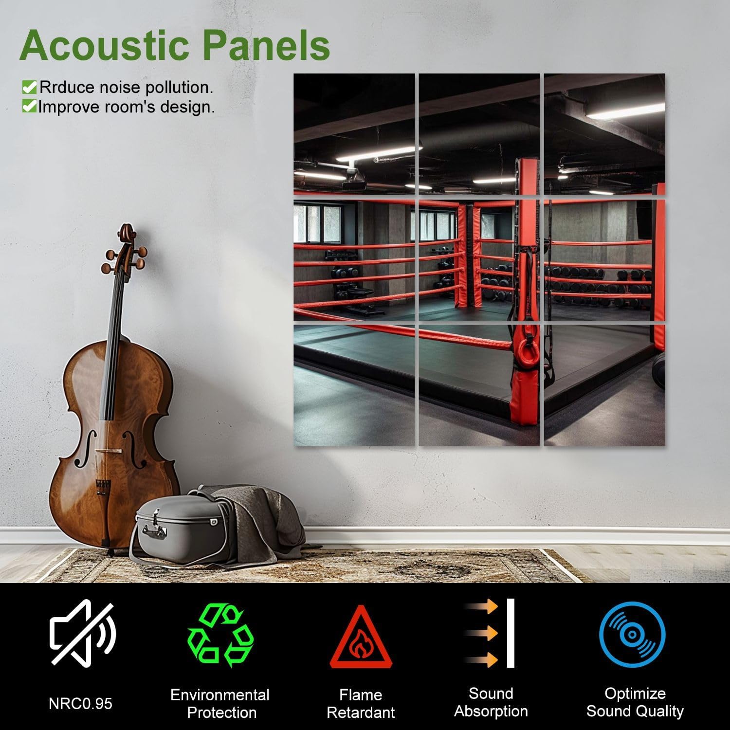 Art Acoustic Panels Self Adhesive Boxing ring 9Packs Decorative Soundproof Wall Panels Large Sound Absorbing Panels for Home Office 60