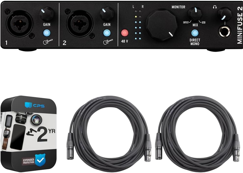 Arturia MiniFuse 2 Portable 2x Input USB-C MIDI Audio Interface, Black 800102 Bundle with 2 YR CPS Enhanced Protection Pack and 2x OnStage 25ft XLR Cable