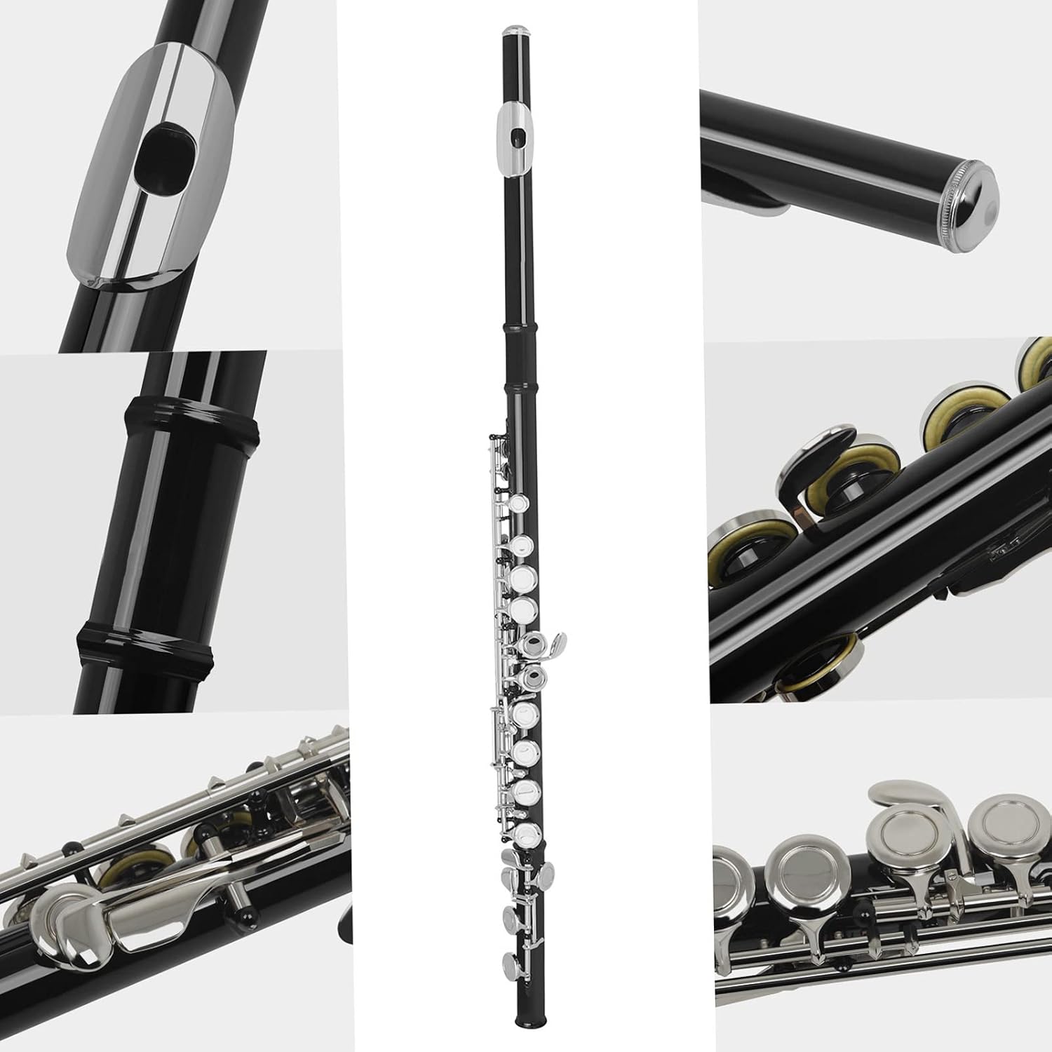 Flute, Cupronickel Nicke Plated 16 Holes C Key Woodwind Instrument with Cleaning Cloth Stick Gloves Mini Screwdriver Padded Case