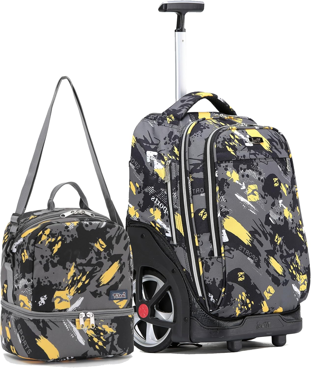 NEW TILAMI 19 Inch Rolling Backpack with Lunch Bag for Girls Boys Wheeled Laptop Backpack Durable Carry-on Bag School Travel, Doodle Yellow