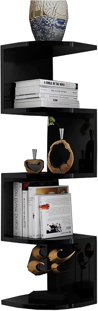 5-Tier Wall-Mounted Corner Shelf,Modern Decorative Zig Zag Unit Floating Shelves,Wall-Mounted Storage Display Rack,Easy to Install,for Bedroom Living Room Home Furniture Office Decor (Black Large)