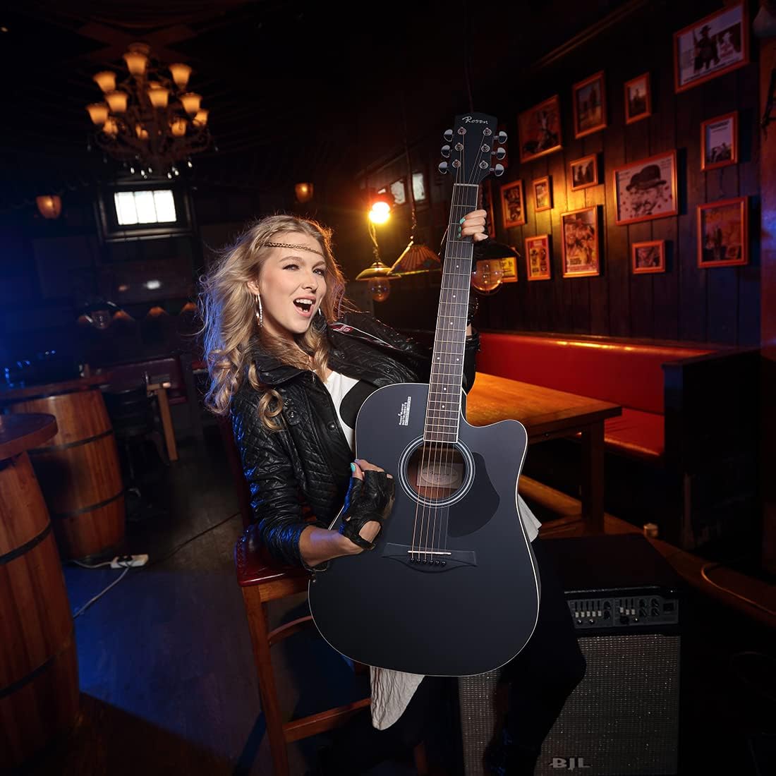 Rosen Solid Top Dreadnought Acoustic Guitar 41 Inches Spruce Guitar Beginner Bundle with Book, Padded Bag, Strings, Picks, Hexwrench, Strap, Polishing Cloth, Black