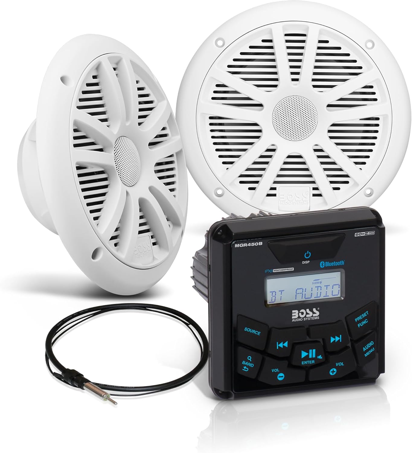 BOSS Audio Systems MCKGB450W.6 6.5 Inch Speakers & Marine Boat Gauge Stereo - Bluetooth Head Unit, No CD DVD Player, AM/FM Radio Receiver, NOAA Weather Band, IPX6 Weatherproof, USB
