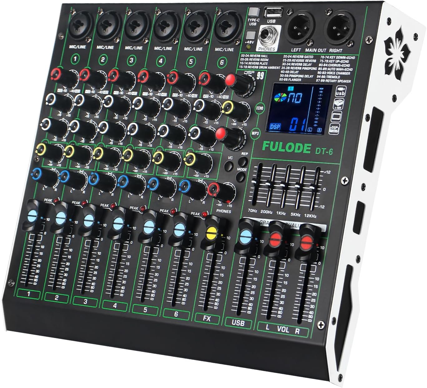 Professional DJ Audio Mixer,6 Channel Sound Mixing music Board With 99 DSP Effects,Console System PA Mixer with Bluetooth,w/USB,48V Phantom Power,Vocal Removal for Live Streaming Studio(DT-6)