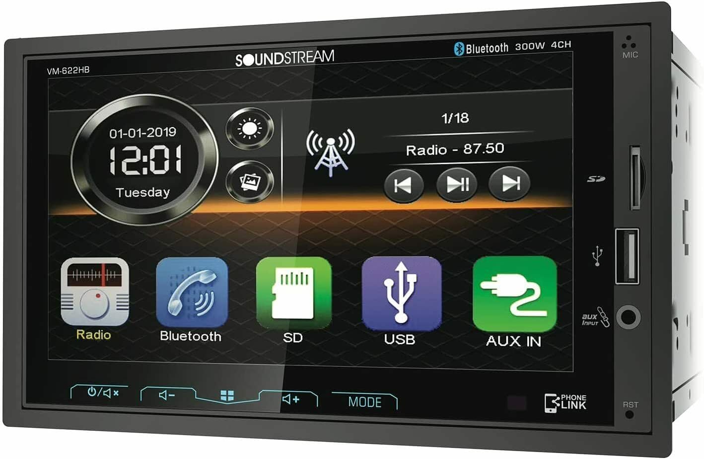 Soundstream VM-622HB VM-622HB 6.2-Inch Double-DIN Mechless Head Unit with Bluetooth and Android PhoneLink