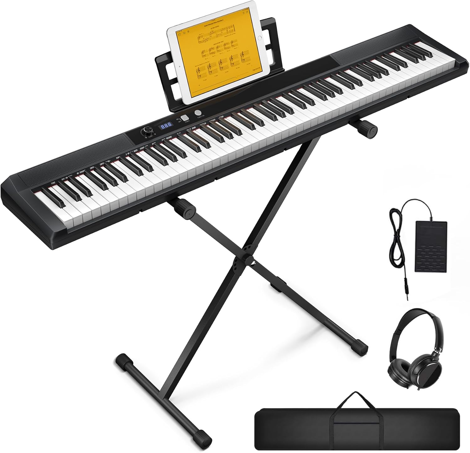 88 Key Semi-weighted Electronic Keyboard Piano,Full Size Digital Piano Portable Keyboard with Stand, Sustain Pedal, Power Supply，MIDI/USB/MP3 Function for Beginners at Home/Stage（Black）