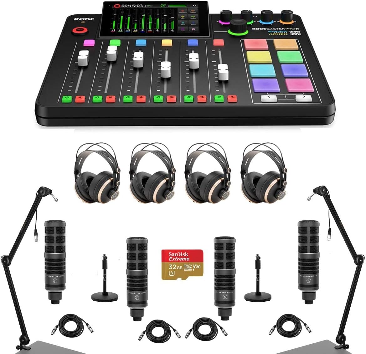 Rode RODECaster Pro II Integrated Audio Production Studio Console Bundle with 4x Cardioid Dynamic Broadcast Microphone, 4x Headphones, 2x Broadcast Arm, 2x Mic Stand, 4x Cable, 32GB Memory Card