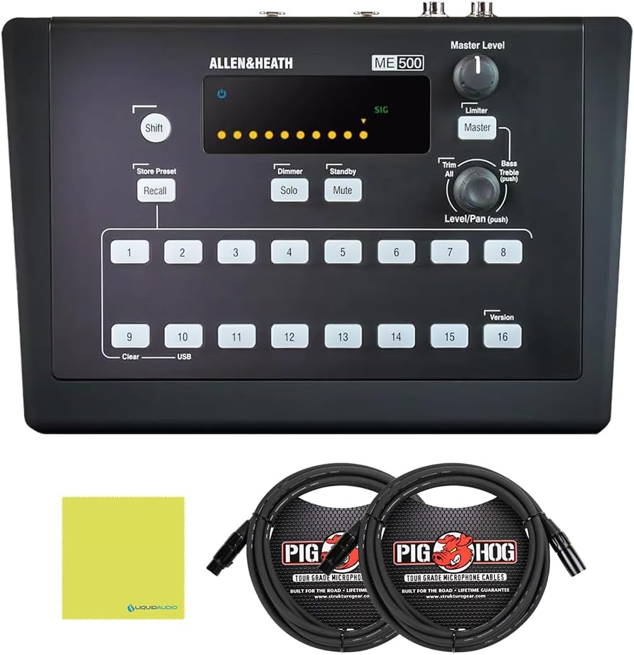 Allen & Heath ME-500 16-Channel Personal Mixer Bundle w/ 2-Pack Pig Hog PHM10 8mm Mic Cable and Liquid Audio Polishing Cloth