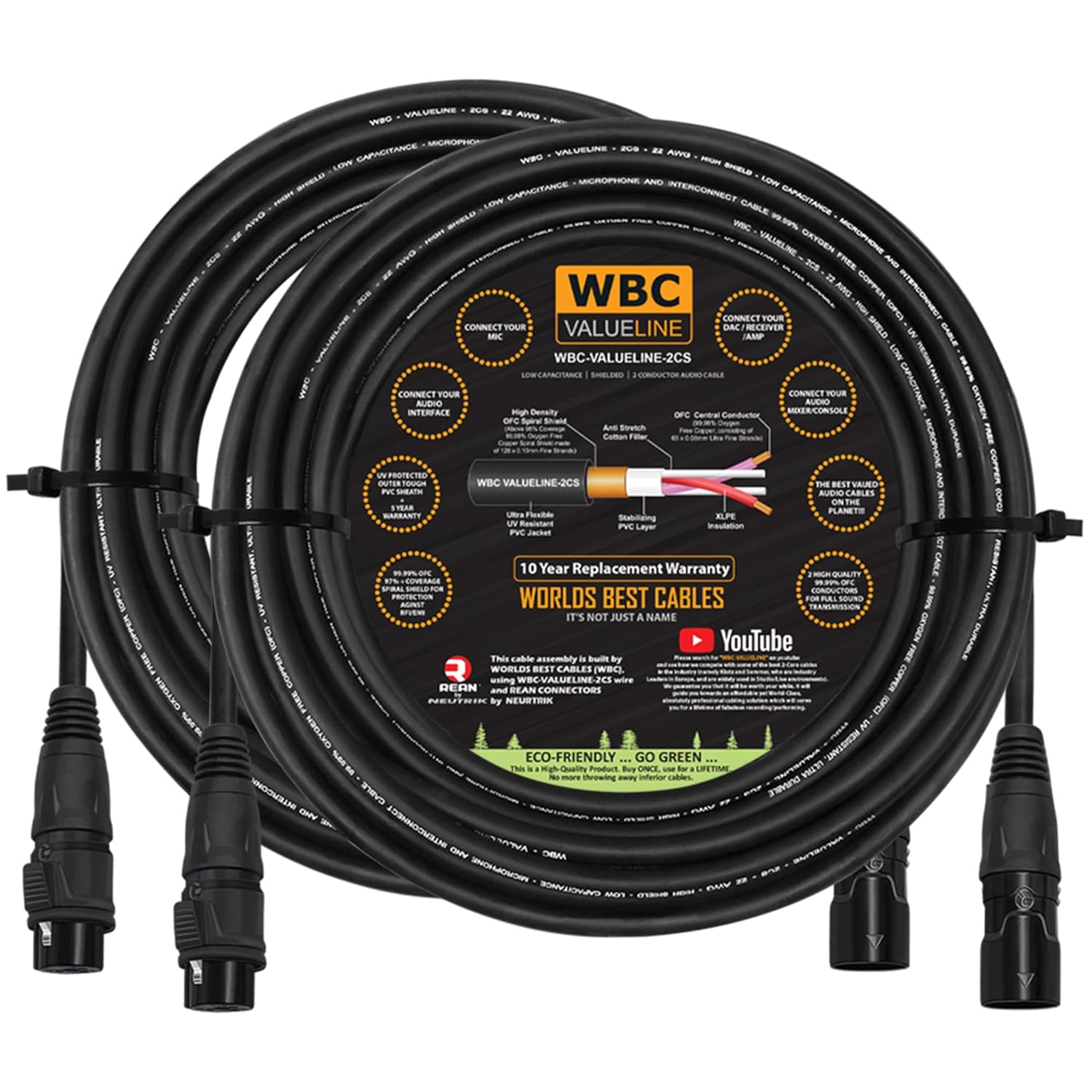 WBC-VALUELINE-2CS (22 AWG) - 2 Units - 75 Foot–Low-Capacitance Shielded Balanced Flexible Microphone, Active-Speaker & Interconnect Cables with Neutrik-Rean IP65 Rated Gold XLR Connectors