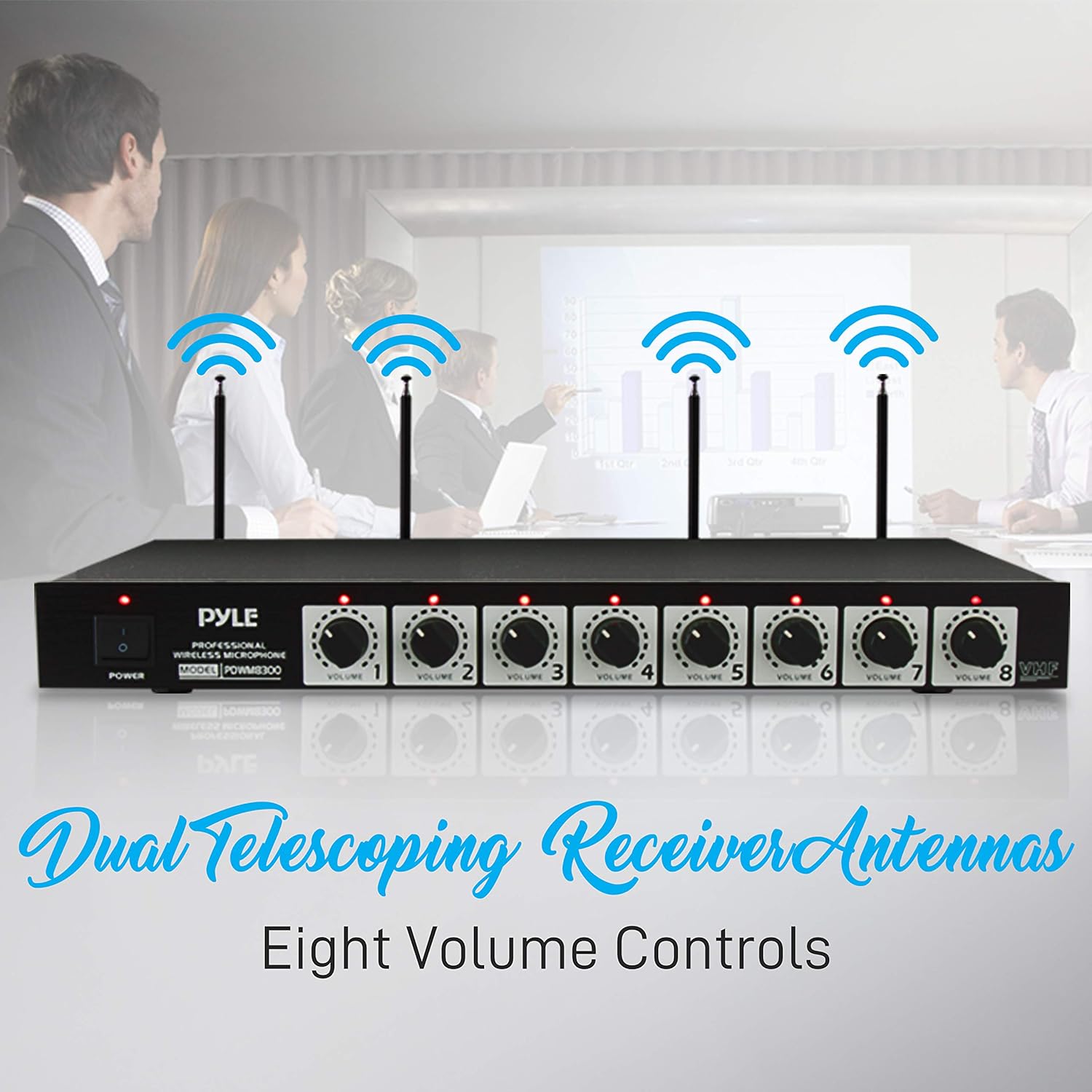 Pyle 8 Channel Wireless Microphone System - Portable VHF Cordless Audio Mic Set with 1/4