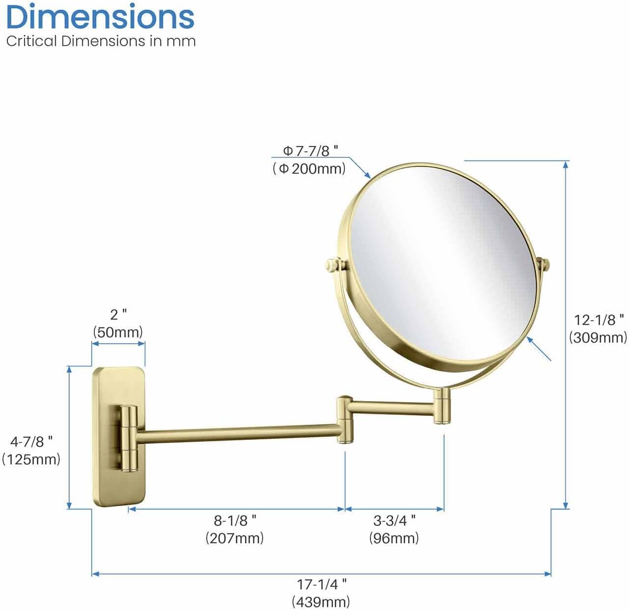 KIBI Circular Wall Mount Makeup Mirror, Dual-Sided 1x/5x Magnifying Mirror with Extendable Arm, 360° Swivel, Solid Brass Construction for Durability and Style (Brushed Gold, KMM100)