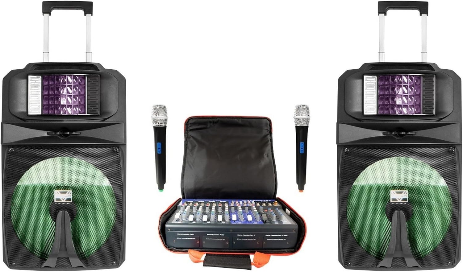 VocoPro 2000W PA System with Two Digital Wireless Vocal Microphones, Eight Channel Mixer with DSP Vocal Effect and Two 15-inch Powered Speakers with Build-in Derby Light.