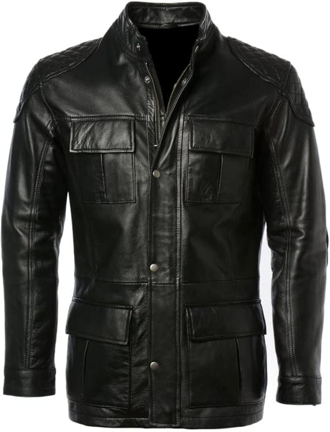 FIT WEAR Storm Jacket Faux Leather Flap Patch Pockets Dual Front Option Racing Jacket 3/4 Length For Men